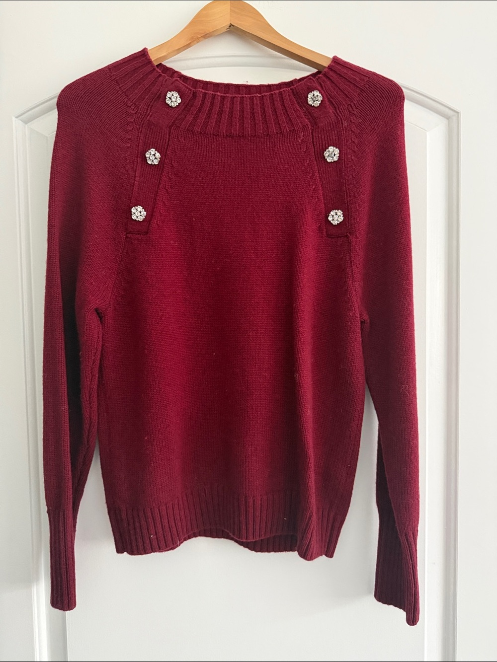J.Crew Crewneck Sweater with Jeweled Buttons, Burgundy, Size M — Style K5299